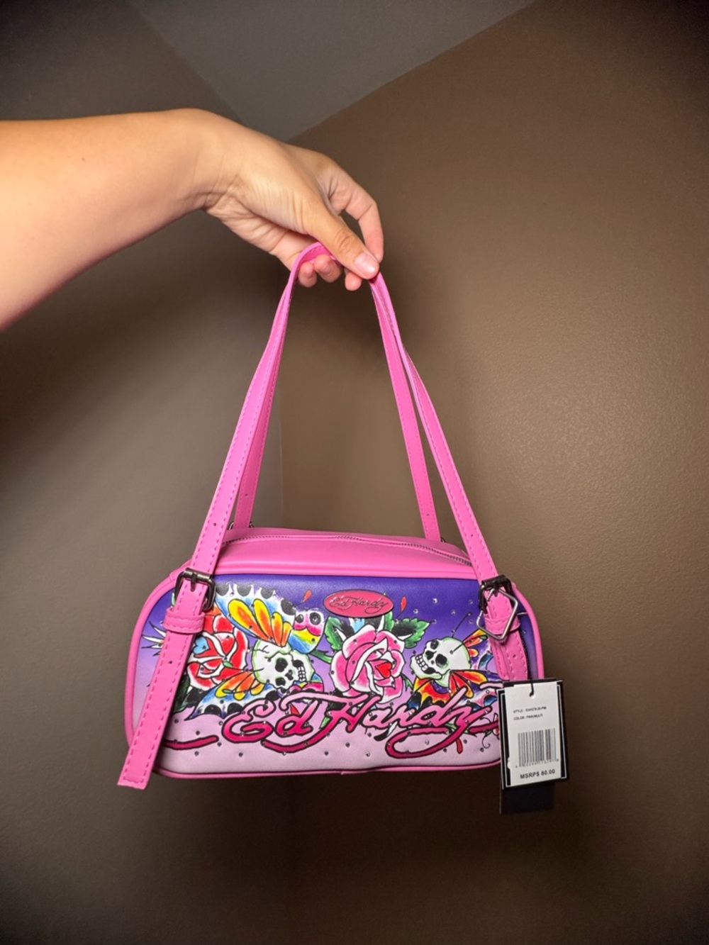 Ed Hardy Pink Purple Multi Colored Floral Skull Shoulder Bag